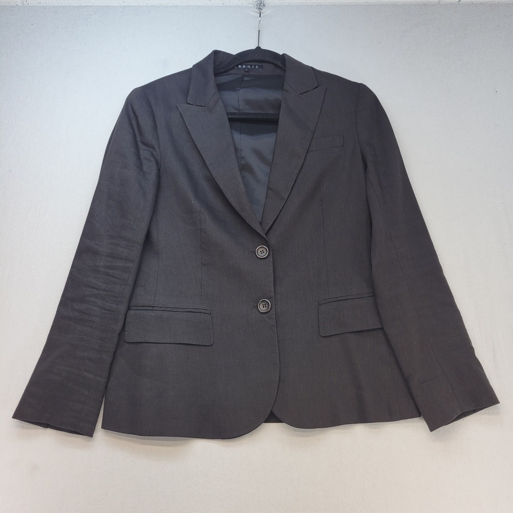 Theory Blazer Womens 8 Black Linen Wool Blend Two Button Professional Tailored